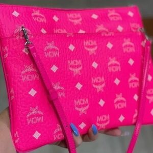 Hot Pink MCM Medium Visetos Original Logo Crossbody Pouch Bag